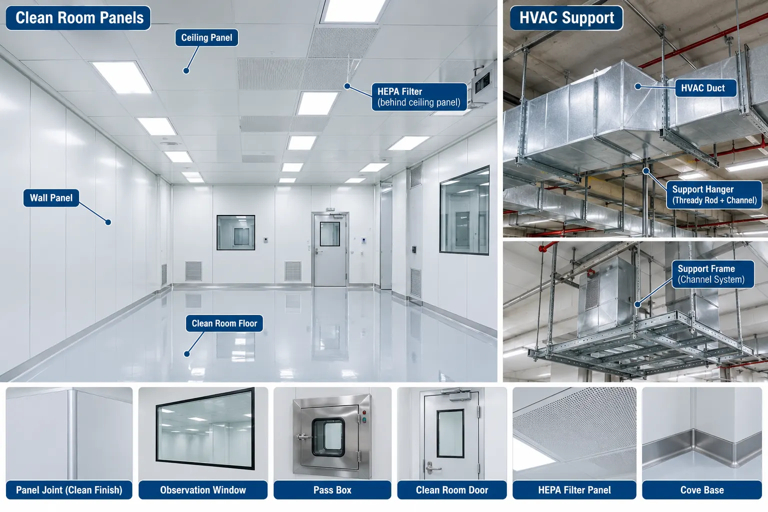 Cleanroom panels, HEPA ceiling and HVAC duct supports